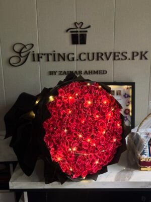 300 Roses Bouquet with Lights – Elegant Black Wrap