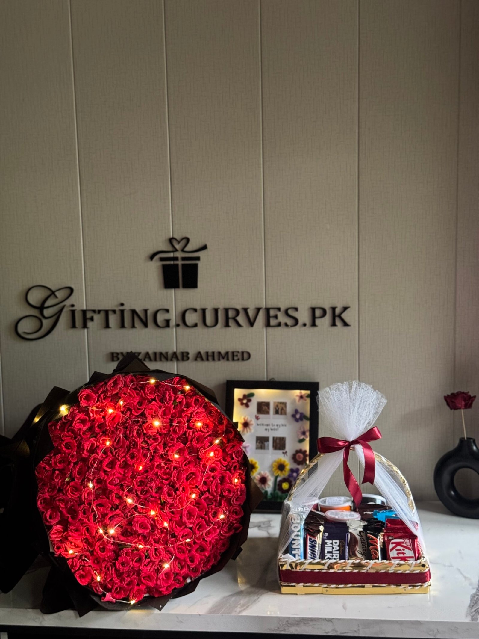 300 Roses with Lights, Luxury Chocolate Basket & 3D Light Frame