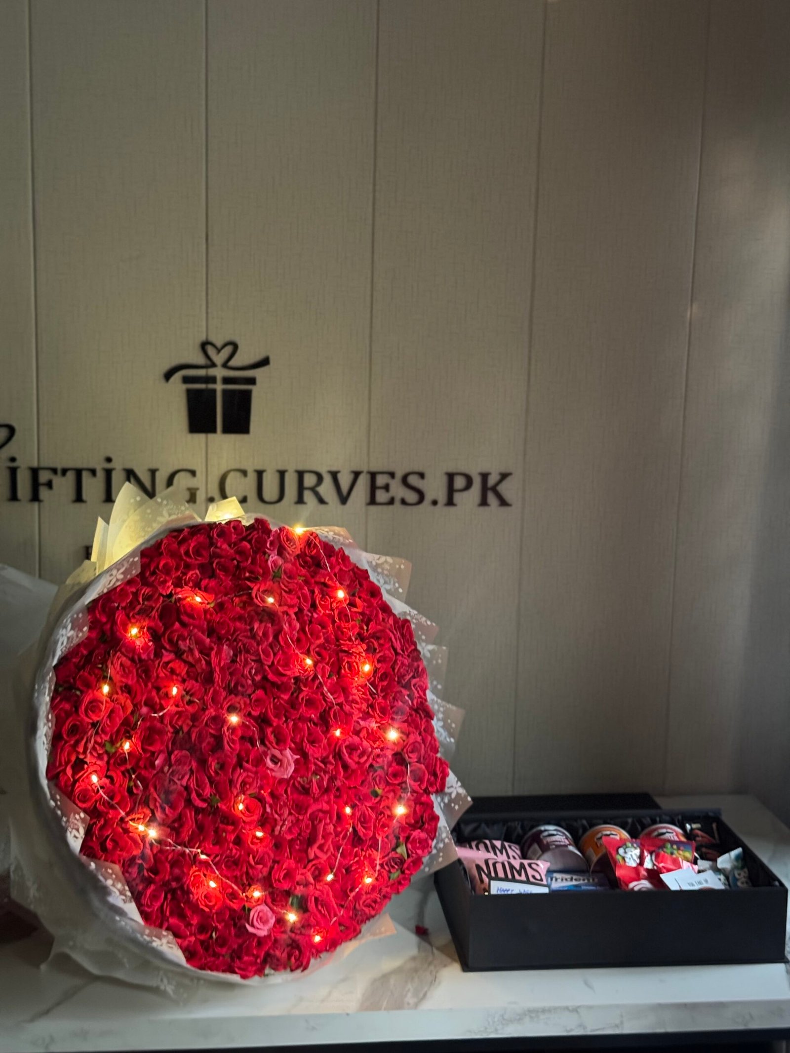 300 Roses with Lights & Premium Snack Box