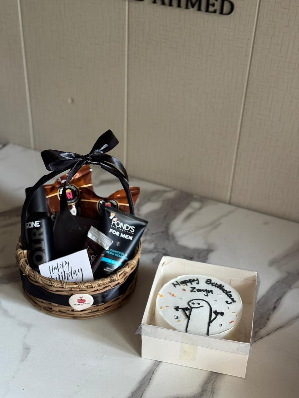 Birthday Gift Basket for Him with Custom Bento Cake