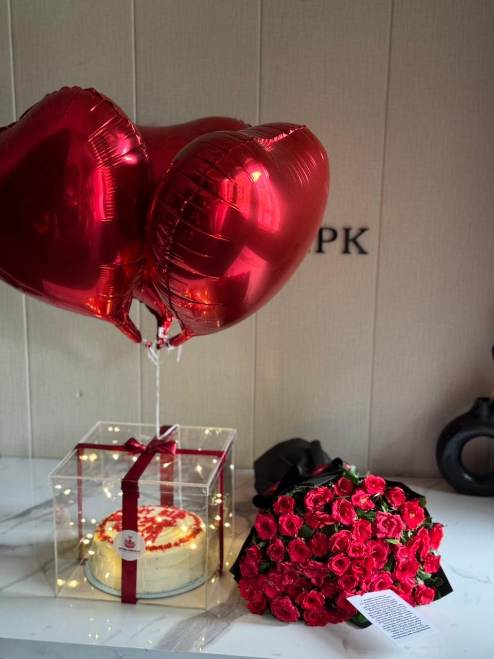 Acrylic Gift Box with Red Velvet Cake & Roses | Romantic Surprise Gift