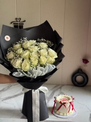 16 Imported Roses Bouquet with Baby Breath & 1 Pound Cake
